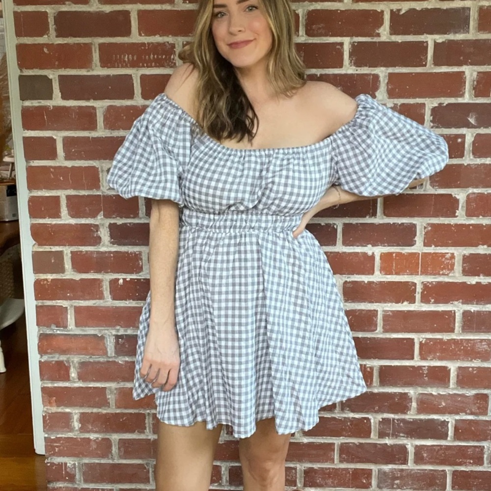 NWT Boutique grey gingham off the shoulder dress